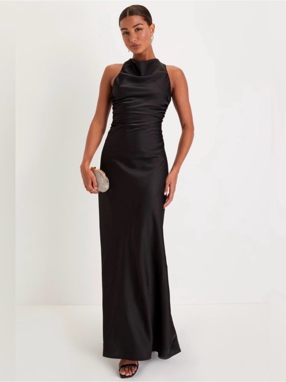 NWT Lulus Effortlessly Sensational Black Satin Backless Maxi Dress